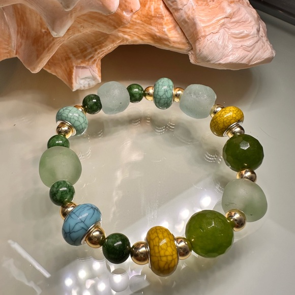 RARE TAIWAN JADE + SEA GLASS + BURMA JADE NATURAL STONES BRACELET size 7” - Picture 4 of 13